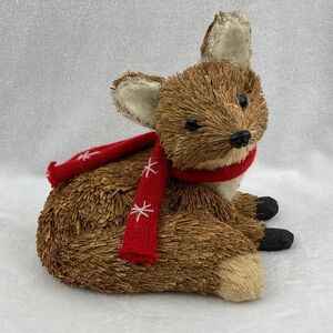 VTG Christmas Thatched Fox Wearing Scarf Decor 9”